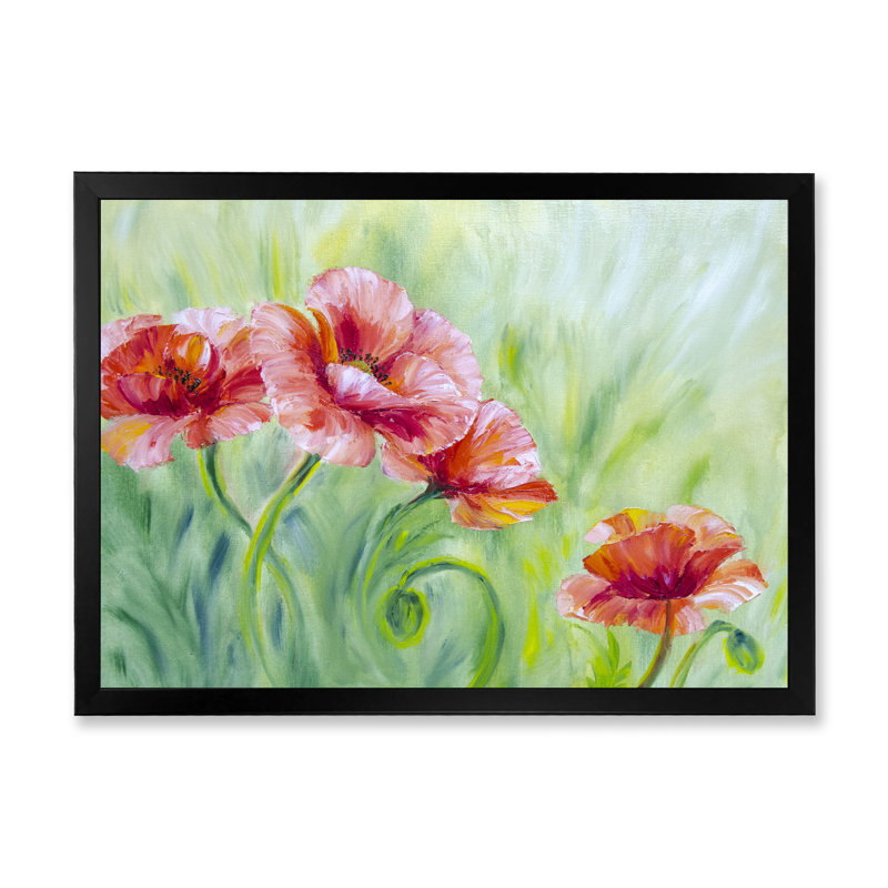 «Red Blossoming Poppies II», peinture sur toile, H 12 po x l 20 po x P 1,5 po, Toile avec cadre noir