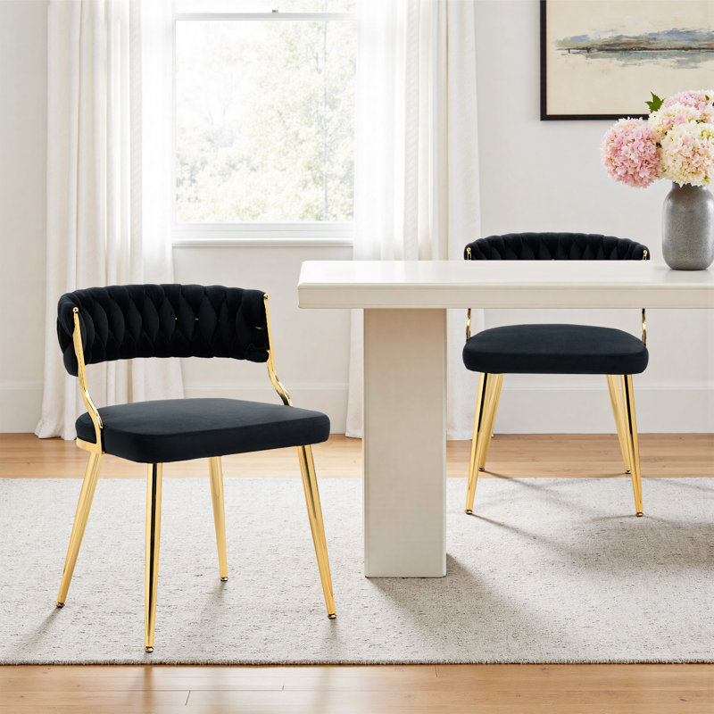 Christal 2 Piece Tufted Velvet Curved Weaved Back with Metal Legs Side Dining Chair Set, Black