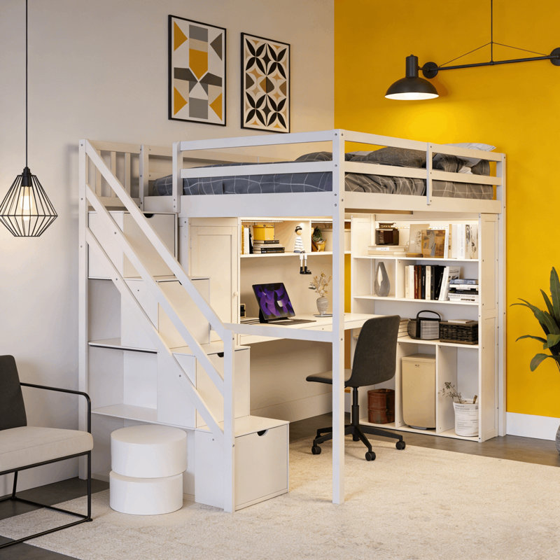 Lit mezzanine avec bureau, escalier de rangement, bibliothèque éclairée et garde-robe, lit double, Beige