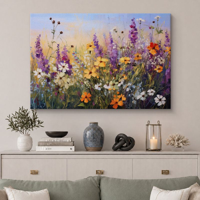 Vibrant Wildflower "Bright Purple Lavender Flowers Artwork, Country Rustic Botanical Floral Farmhouse Wall Pictures, Large Framed Canvas Giclee Print Wall Art"
