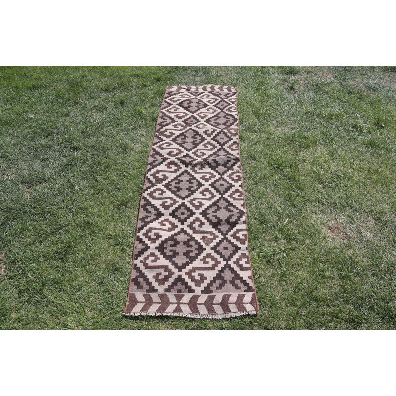 Tapis de style rétro Kilim turc avec motif géométrique unique, idéal pour les couloirs - fait à la main