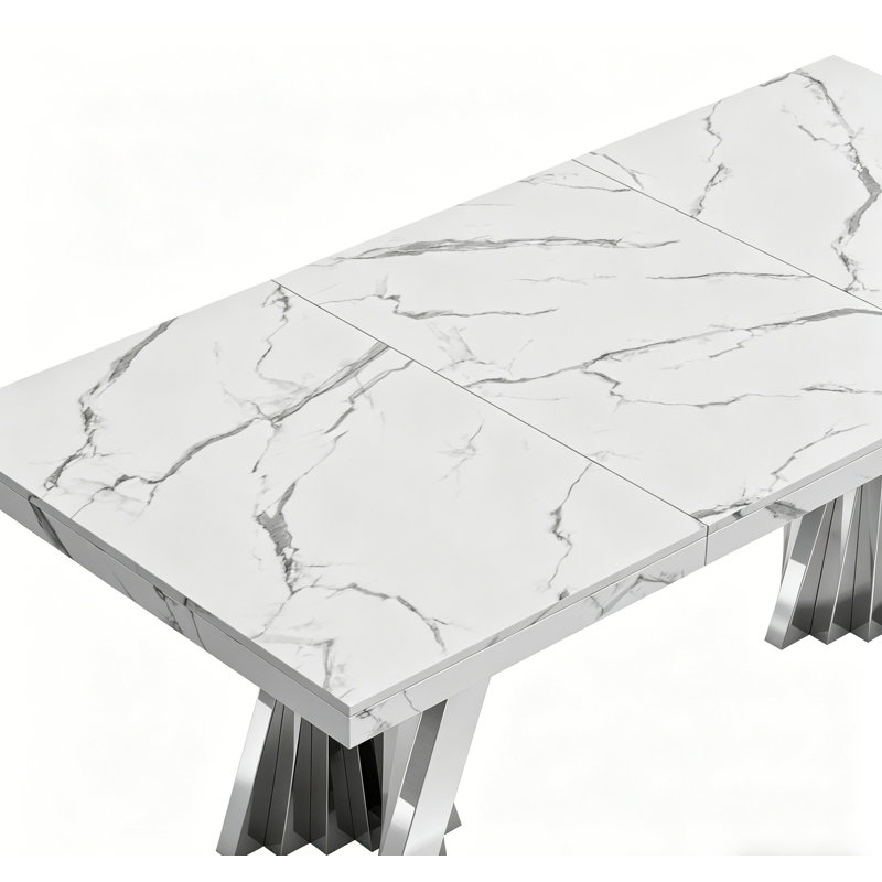 Modern Faux Marble Dining Table Set, Luxury 70.8" Dining Room Table with Velvet Upholstered Chairs, Luxurious Kitchen Table with Lightning Stainless Steel Pedestal, Rectangle Dining Table Set