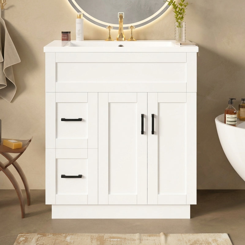Meuble-lavabo simple 30 po, lavabo en résine, traditionnel, salle de bain, White, Silver