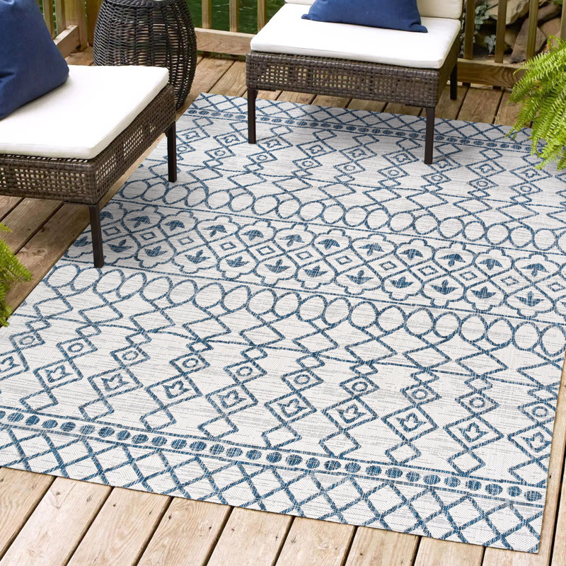 Raif Tribal Bohemian Ivory/Blue Indoor/Outdoor Rug, Rectangle 3'11" x 6'