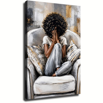 Art africain sur toile, portrait d'une femme africaine assise sur un canapé, toile tendue tendue