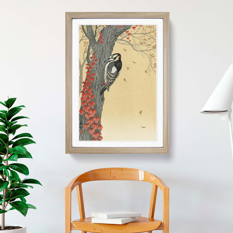 Great Spotted Woodpecker by Ohara Koson - Picture Frame Painting Print, Oak Framed, 48cm H x 36cm W x 2cm D