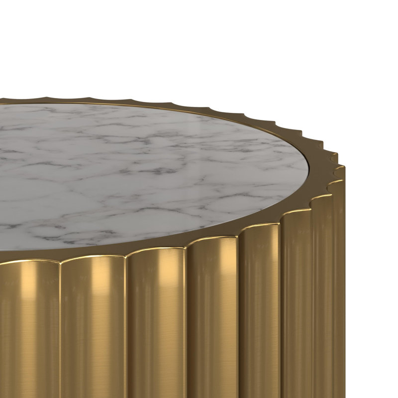 Table basse 39,5 "ronde en faux marbre avec base tambour doré brossé
