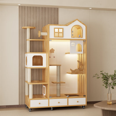 Luxury Cat Villa with Cat Tree Tower, Extra Large Indoor Cat Enclosure with Storage Drawers, Rolling Wooden Cat House with Glass Door & LED Light for Multi-Cat Households