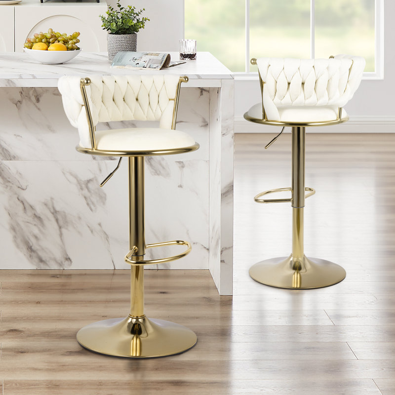 Upholstered Adjustable Height Counter Stool with Metal Frame, White, 2