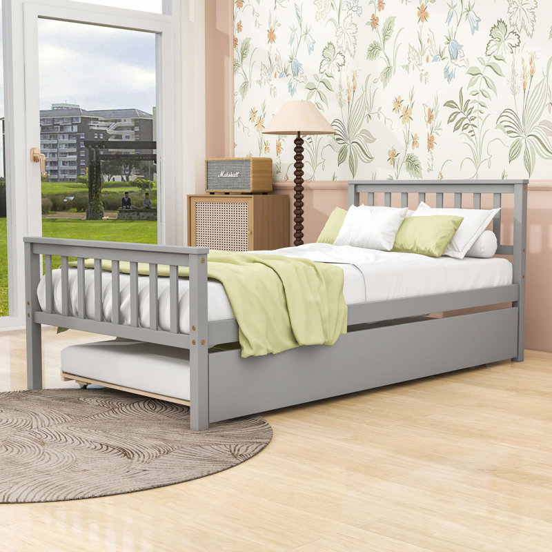 Lit plateforme simple en bois avec lit gigogne coulissant simple, tête et pied de lit, Gris