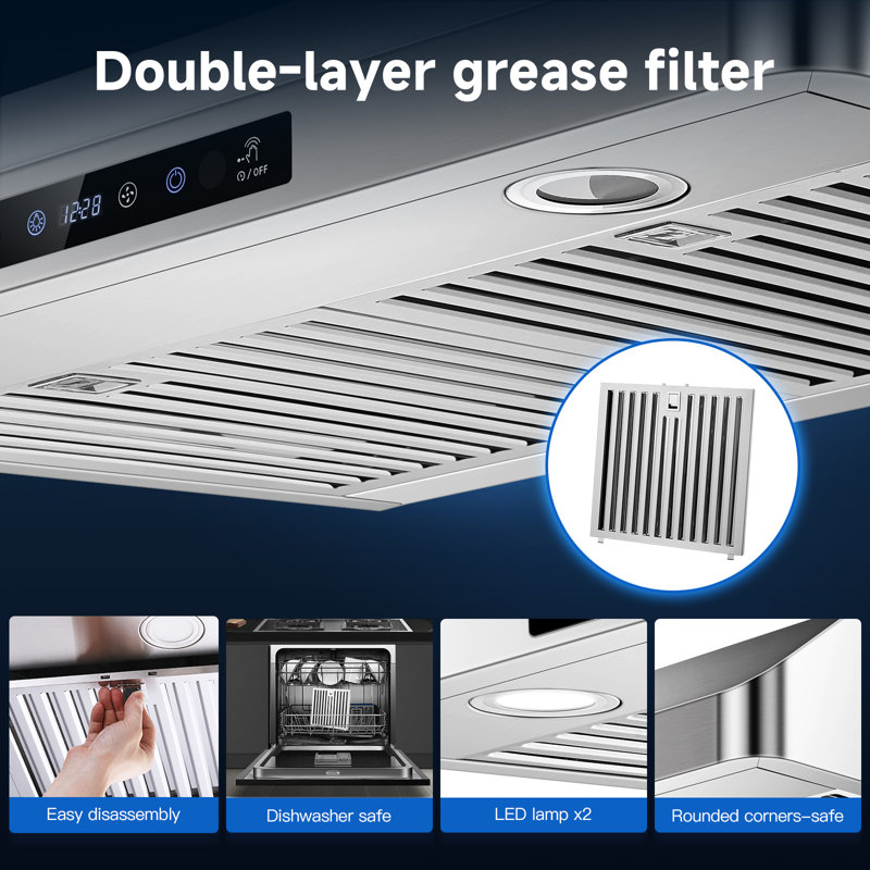 Hotte sous l'armoire Amzchef de 30 pouces, évent de cuisine en acier inoxydable de 700 pi³ / min, installation convertible à 3 voies (évent supérieur / évent arrière / recirculation sans conduit), télécommande tactile, lumières à DEL, filtres a