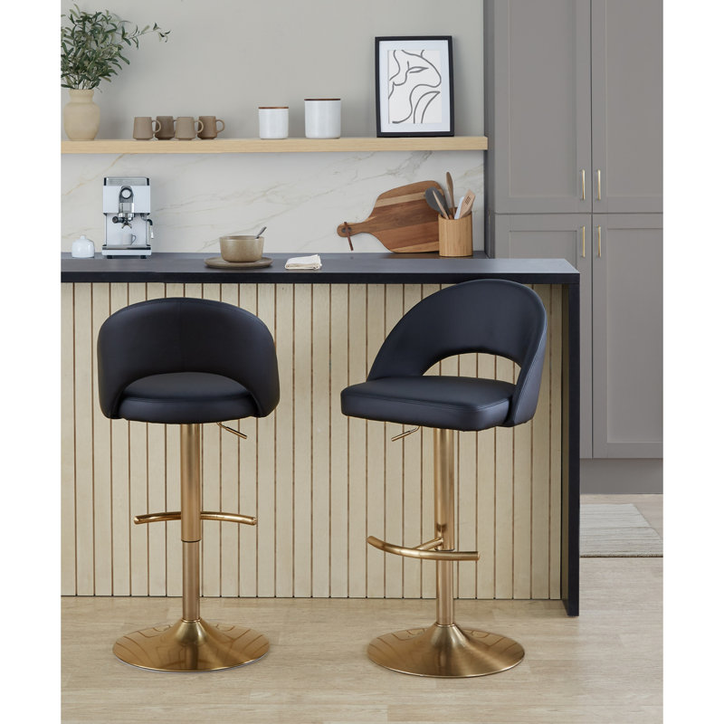Tabouret de bar réglable avec pivot, Doré, Noir / similicuir