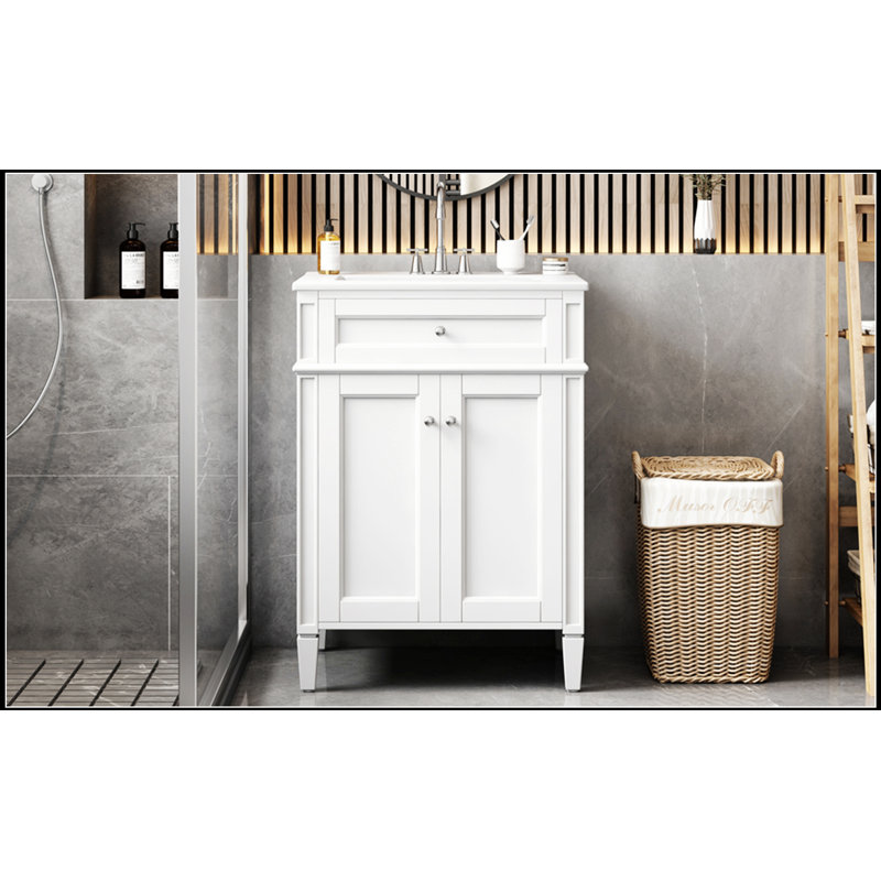 Meuble-lavabo de 24 po avec portes à fermeture douce, organisateurs et lavabo en céramique pour les espaces compacts, Blanc