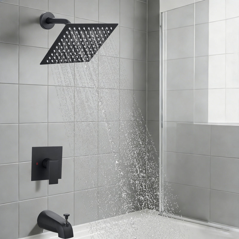 Bathtub Shower Faucet Set,Tub Spout And Square Shower Head, Valve Included, Black