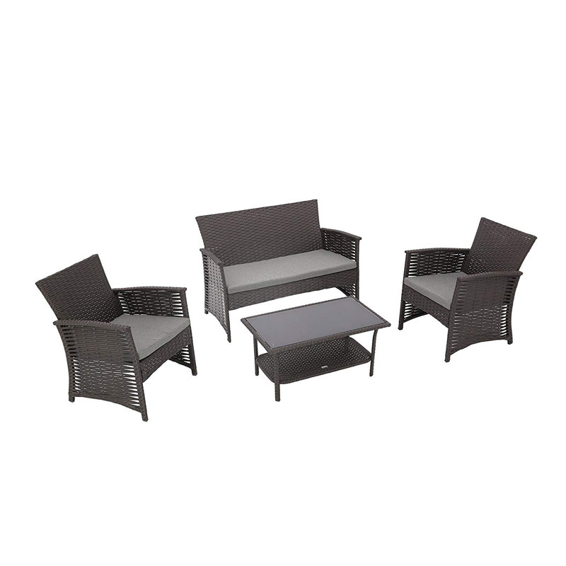 Ensemble de conversation avec canapé et coussins en rotin 4 pièces, Chocolat
