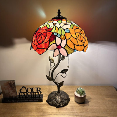 Haydee Tiffany Table Lamp Red Orange Stained Glass Rose Flowers Iron Metal Leaves LED Bulbs 14"W*14"D*24"H