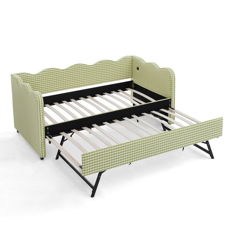 Cozy Gingham Daybed With Trundle Twin Size Sofa Bed No Box Spring Needed, With USB Port And Adorable Wave Shaped, Linen Fabric, Green