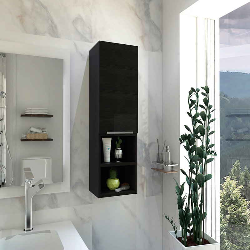 Armoire de salle de bain, deux tablettes intérieures, deux tablettes extérieures, armoire à une porte - noir, Black