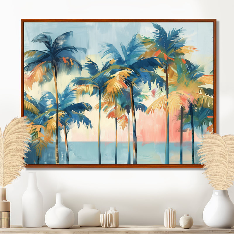 Abstract Coastal Palm Trees In Blue And Gold I - Palms & Palm Trees Wall Art Print, Brown Floater Framed, 30" H x 40" W