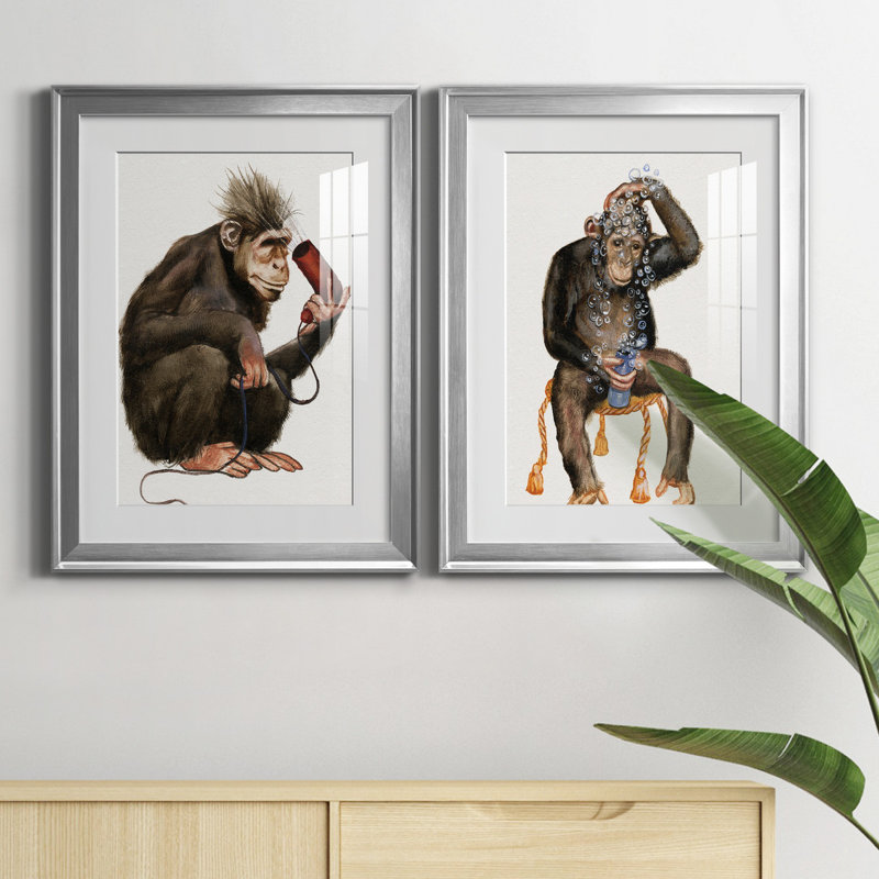 «Bath Animals I», ensemble de 2 impressions, Blanc, H 22,5 po x l 61 po x P 1,5 po, Papier avec cadre argenté