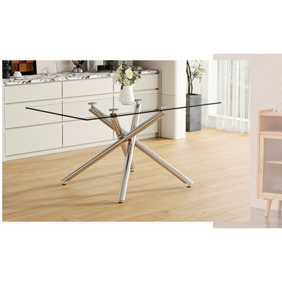 Table de salle à manger en verre avec plateau trempé transparent et pieds en métal argenté 63 "x 35,4 pouces pour des fonctions de banquet