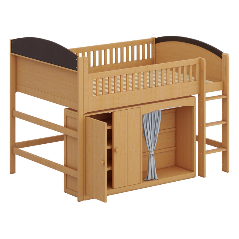 Lit mezzanine moderne avec garde-robe fermée, armoires de rangement et éclairage à DEL intégré, Wood Colour+Espresso