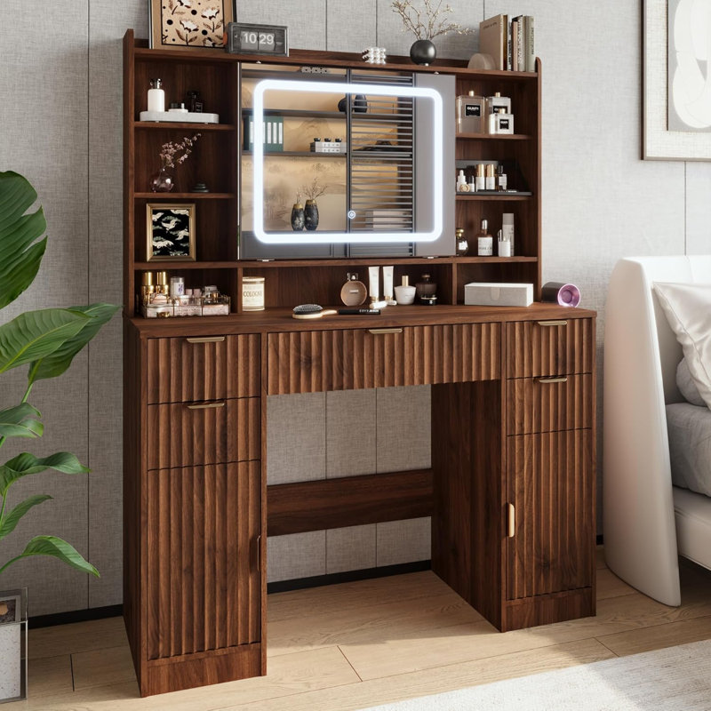 43.5"W Fluted Vanity Desk with Mirror and Lights, Makeup Table with Charging Station & Mobile Mirror, Modern Dressing Table with 5 Drawers and 2 CabinetsWalnut for Women Girls Bedroom