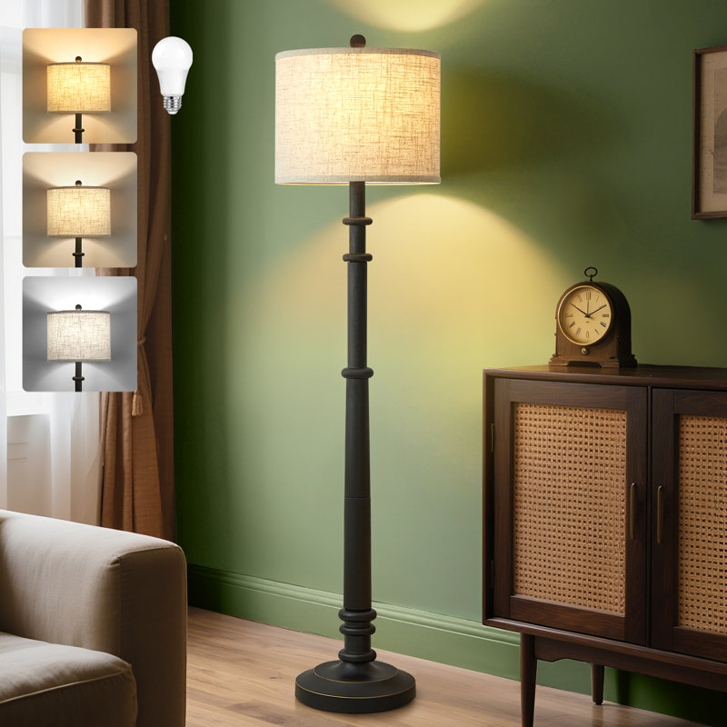 60" Vintage Farmhouse Floor Lamp Adjustable Color Temperature Standing Lamps With Linen Shade Rustic Retro Tall Light For Home Decor,Bedroom,Reading,Office