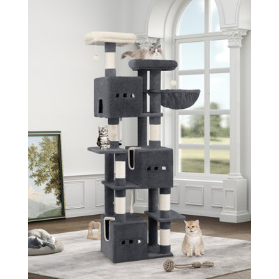 Arbre à chat 76 po, grande tour à chat pour chats d'intérieur, mobilier multi-niveaux avec 2 plateformes, 3 condos, 7 poteaux à griffes, 1 panier, 3 grottes, pompons, gris foncé