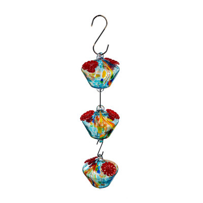 Art Glass Hanging Chained Hummingbird Feeder, Blue & Yellow