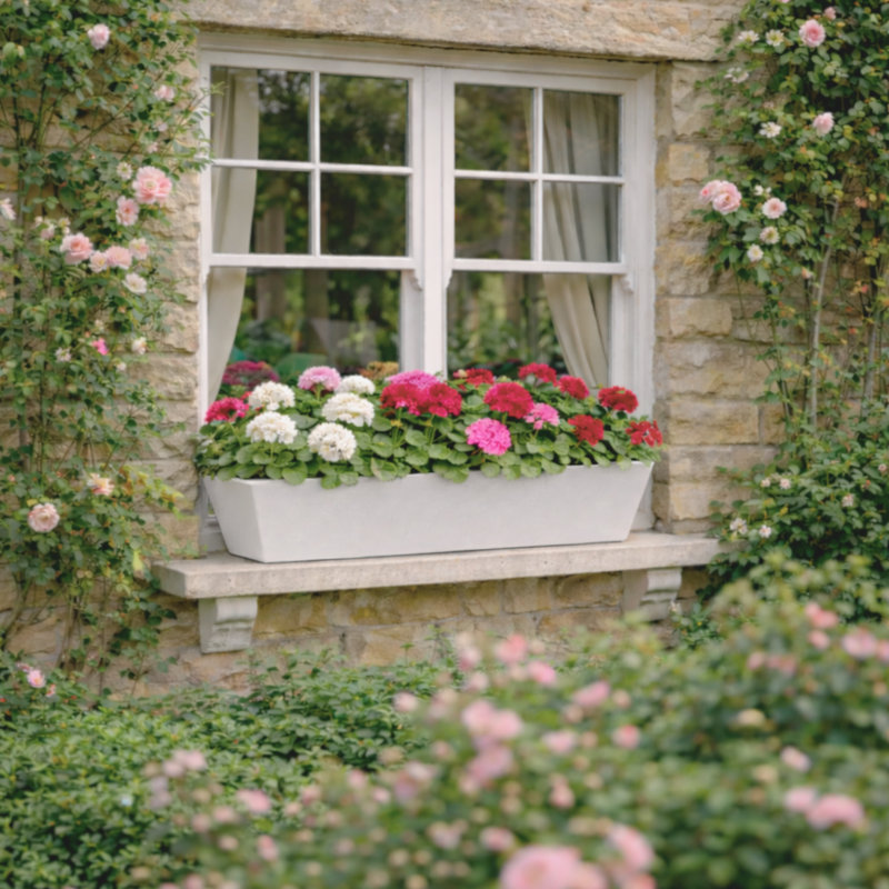 Bini Window Box, Contemporary Concrete Effect Plant Pot, Outdoor Windowsill Planter with Drainage Plug, White