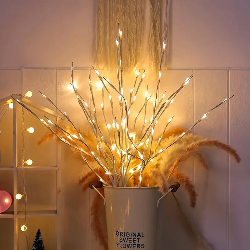 Lampe à brindille à DEL avec remplissage de vase à brindille éclairé alimenté par pile, brindille artificielle, puissance, brun / blanc, 27 pouces, 20 DEL pour la décoration romantique à la maison