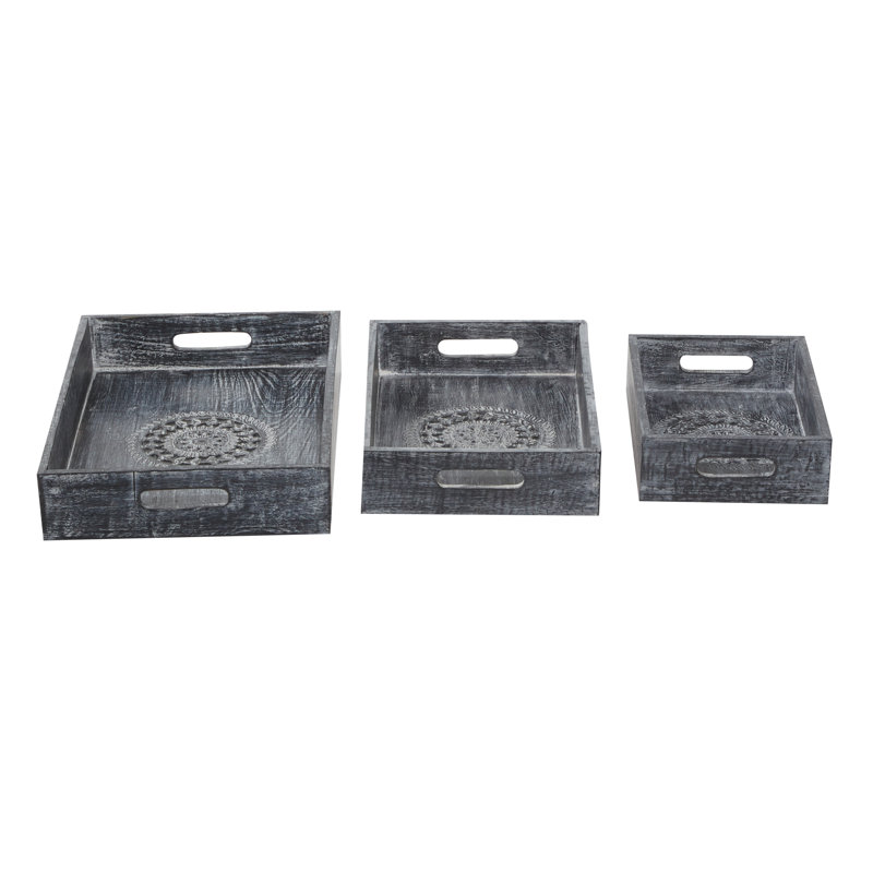 Wood Intricate Carved Floral Decor Black Tray Set