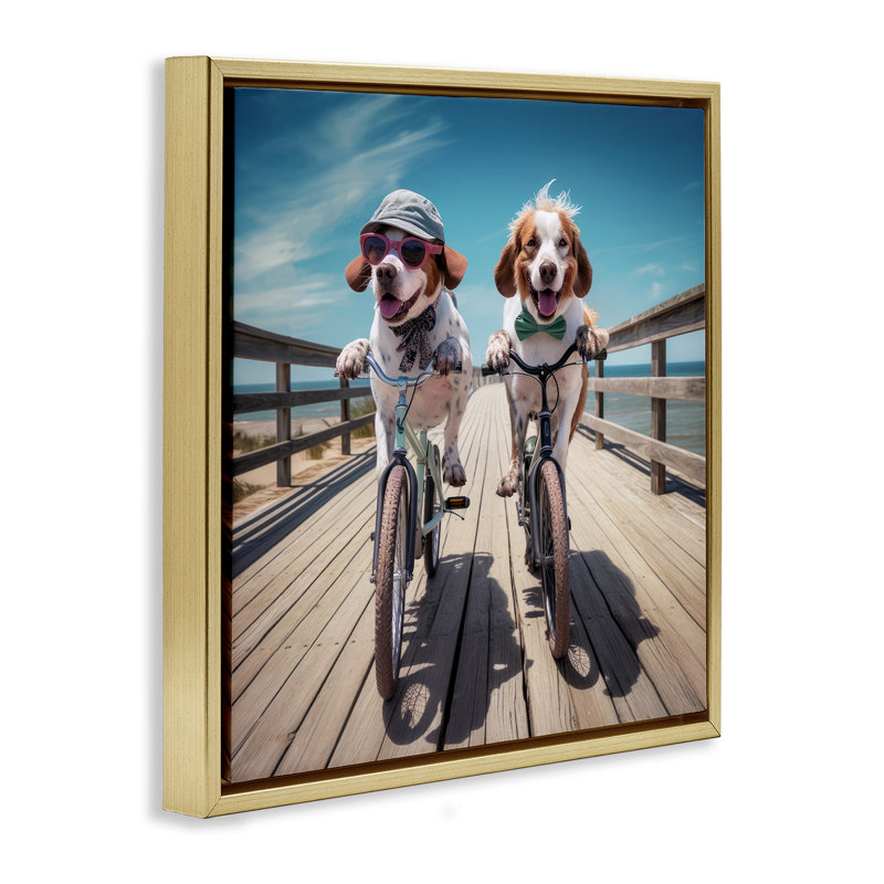 Coastal Bicycle Dogs, Metallic Gold Floater Frame, 25" H x 25" W
