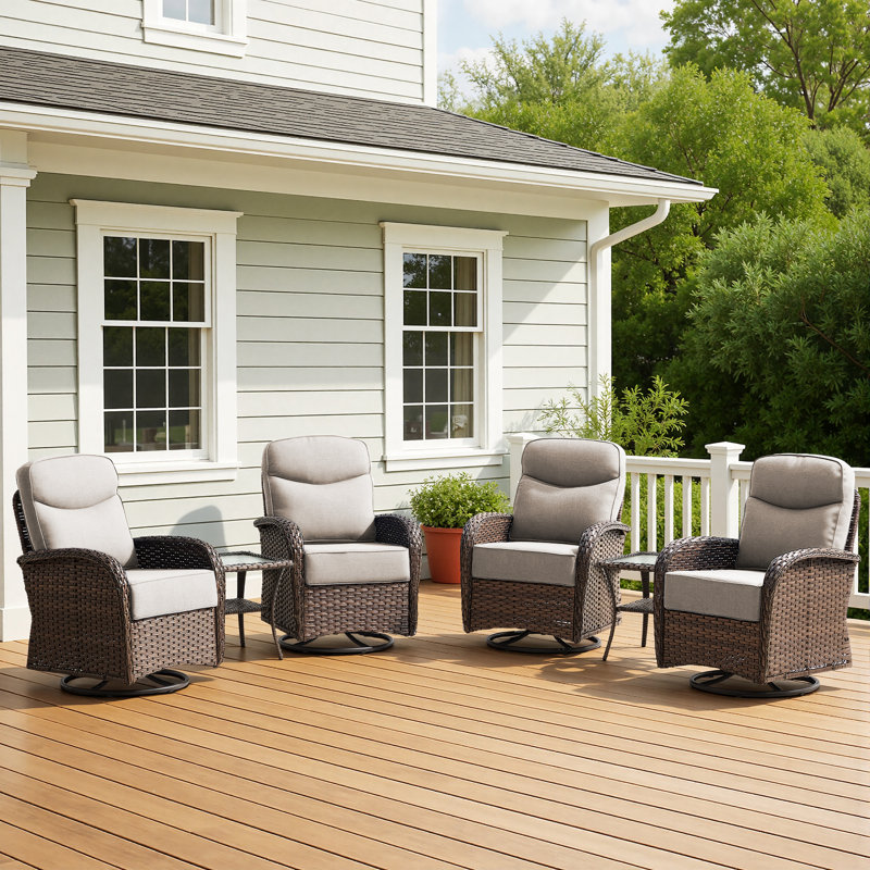 Alakai 6-Piece Outdoor Wicker Family Patio Swivel Chair Conversation Set With Side Tables, Beige