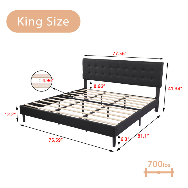 Modern Square Button Upholstered Platform Bed, Black, King
