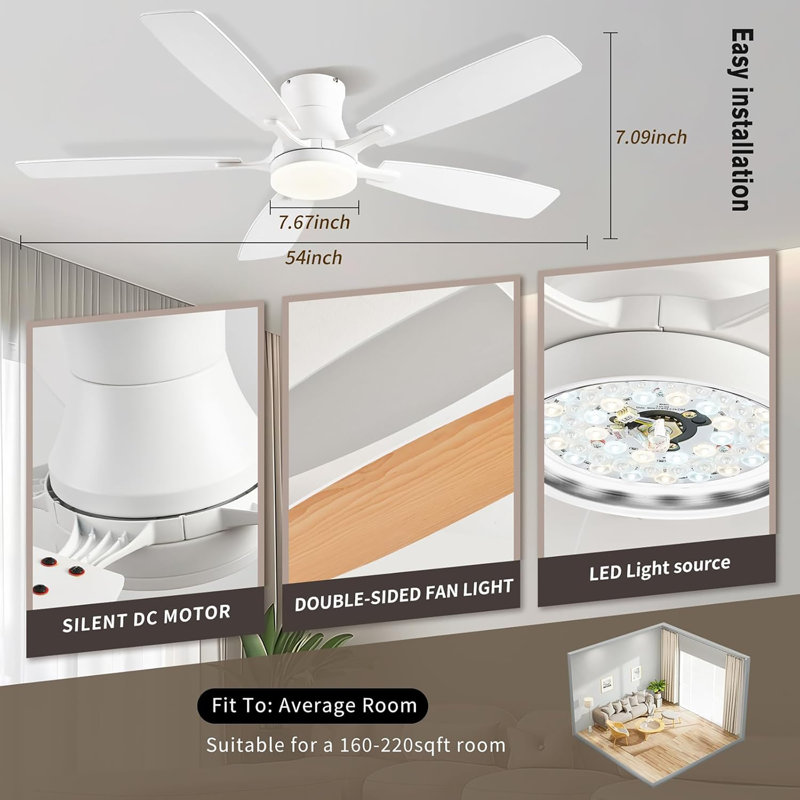 Ventilateurs de plafond avec lumières, ventilateur de plafond à profil bas RVB 54 pouces avec lumière et télécommande, à intensité variable, moteur à courant continu réversible, silencieux, 6 vitesses, ventilateur de plafond encastré pour le sal