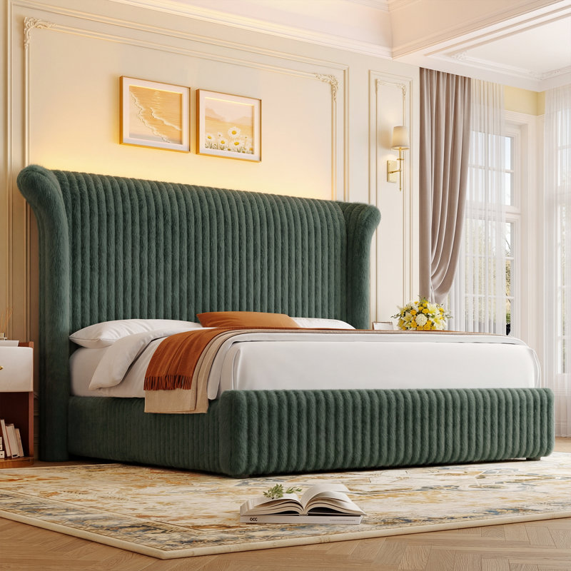 Upholstered Bed Frame With 55" Tall Headboard, Soft Corduroy Fabric Platform Bed, Noise-free, No Box Spring Needed, Queen