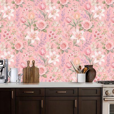 Papier peint auto-adhésif amovible rose, papier peint à motif de lys tulipes roses et blanches