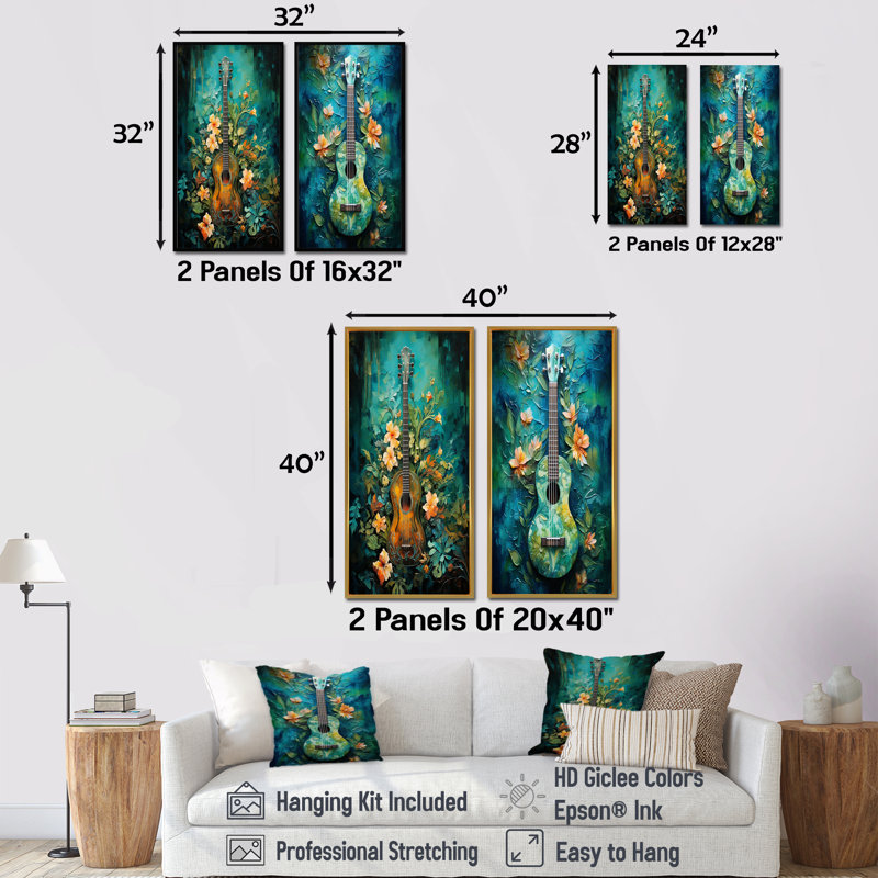 Guitare euphonique tropicale bleu sarcelle, ensemble de 2 reproductions d'art sur toile, Toile tendue, H 28 po x l 25 po