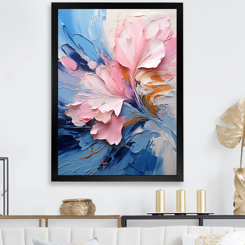 Encre rose et mauve à fleurs II - encre liquide, art mural abstrait, Cadre photo noir, H 32 po x l 24 po x P 1 po