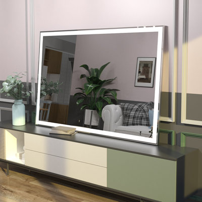 Très grand miroir de meuble-lavabo mural de 48 po x 32 po à DEL avec cadre blanc / chaud / naturel réglable