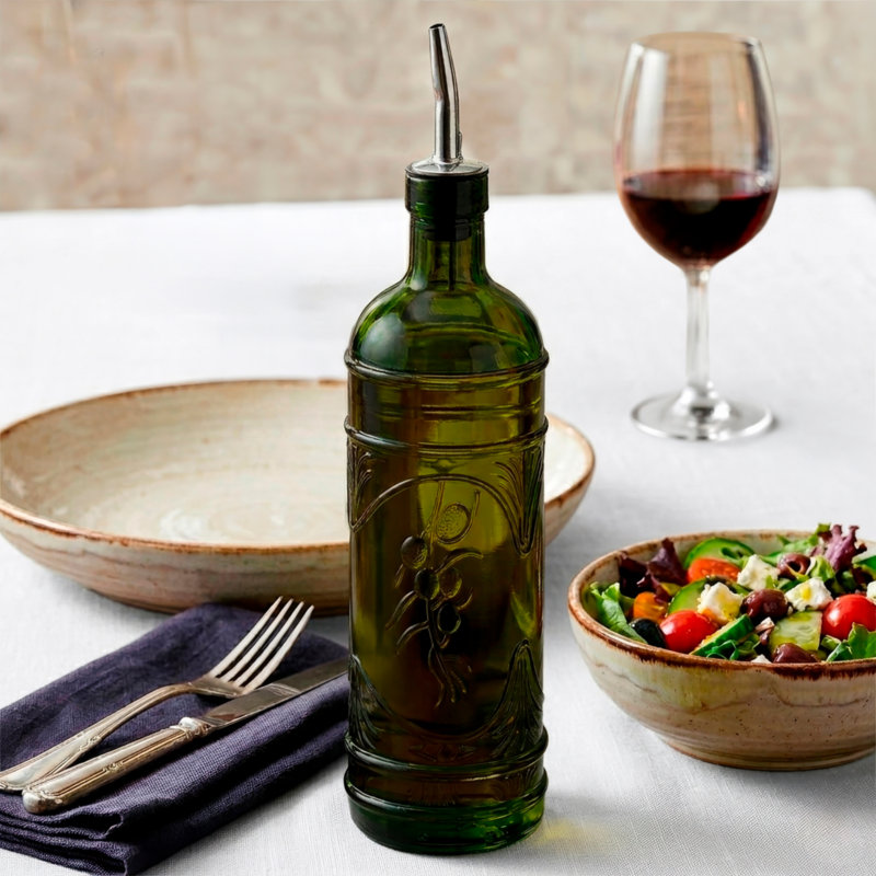 16,1 oz Huilier vinaigrier en verre avec motif olive en relief, Vert rétro