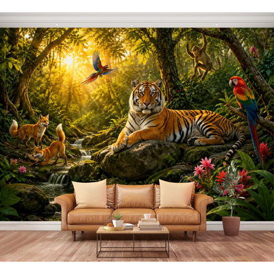 Wall Mural Peel and Stick Tiger Tropical Jungle Macaws Monkeys Forest Stream Colorful Large Wallpaper Self-Adhesive Removable Contact Paper Wall Decor for Living Room Bedroom Nursery 100"H x 144"W