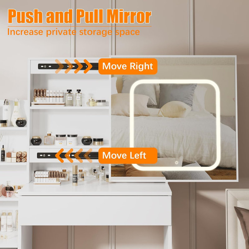 Vanity Desk with Mirror and LED Lights, Makeup Vanity Desk with Sliding Lighted Mirror, Dressing Table Set with Stool & 4 Drawers, Storage Shelves
