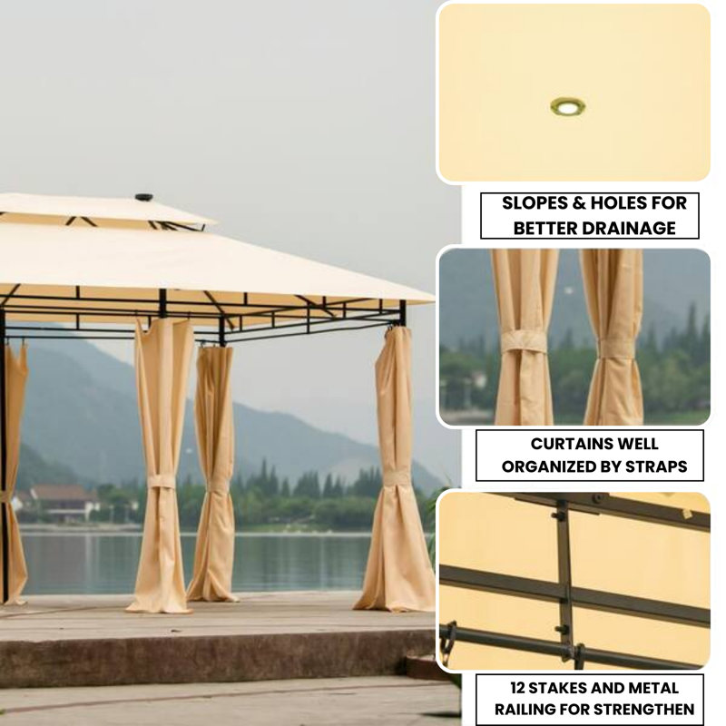 13X10 Outdoor Patio Gazebo With Double Roof & Mosquito Net – Khaki