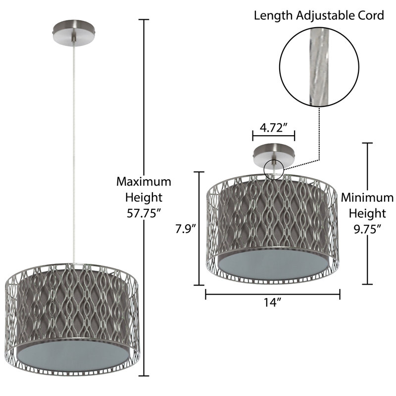 14"W Silver Metal Pendant Light with Fabric Shade