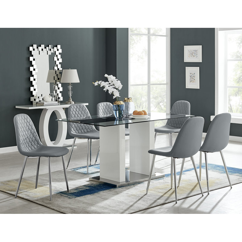 Ransart Modern Luxury Glass & Metal Dining Table Set With 6 Luxury Faux Leather Dining Chairs, Elephant Grey