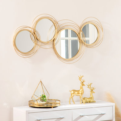 3D Metal Home Wall Art - Gold With Round Mirrors, 42.25" W X 22" H And Mirrored Effects Decorative,