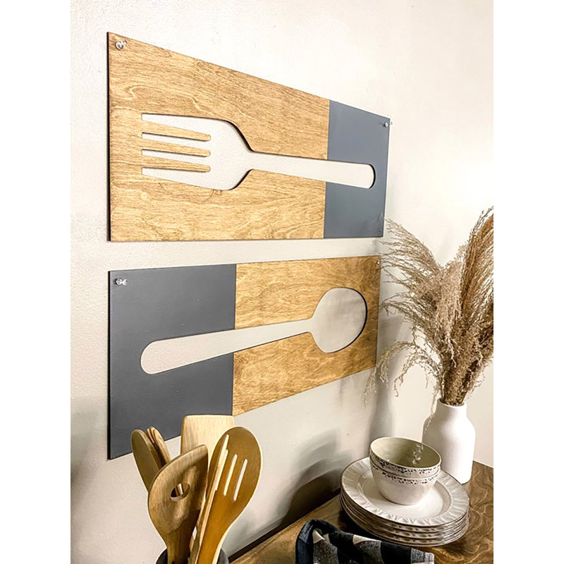 Ensemble de 2 décorations murales fourchette et cuillère 2 pièces, Gris anthracite